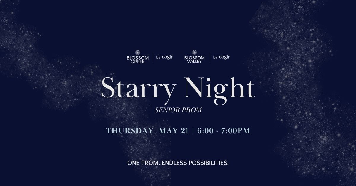 Elegant senior prom event invitation with a serene starry night theme promoting community engagement.
