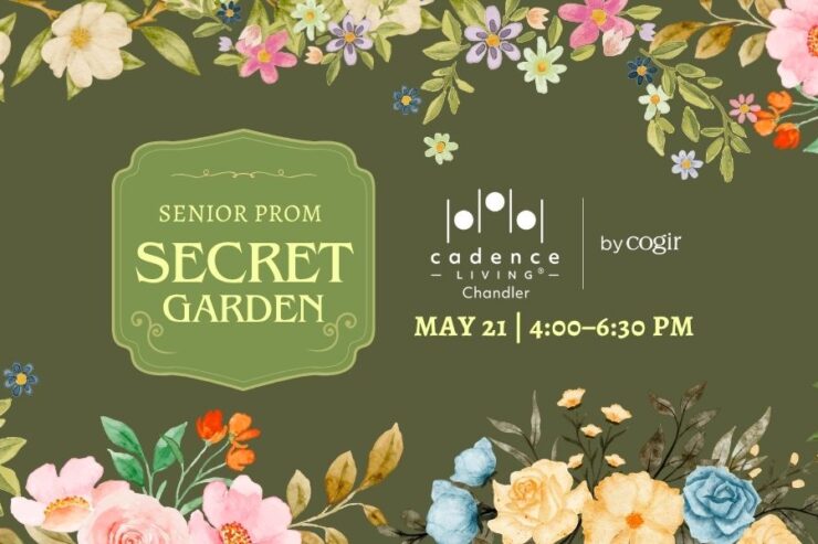 Floral-themed event invitation promoting a senior prom gathering in a warm community setting.