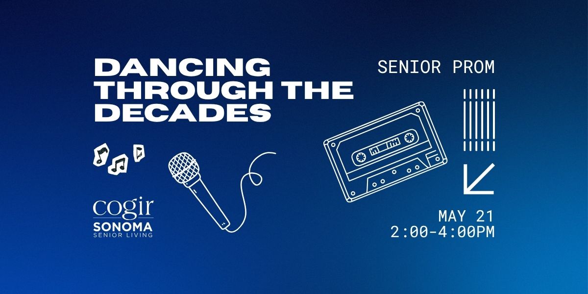 Senior prom event announcement celebrating music and memories from past decades.