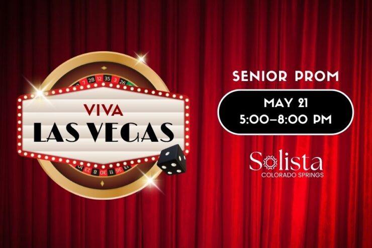 Bright, festive event banner inviting seniors to a fun and engaging Las Vegas-themed prom.