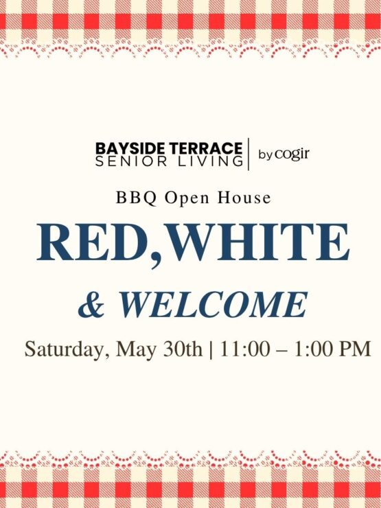 Warm and inviting BBQ open house announcement with a red and white checkered border design.