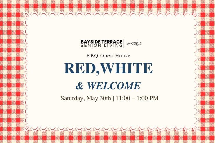 Warm and inviting BBQ open house announcement with a red and white checkered border design.