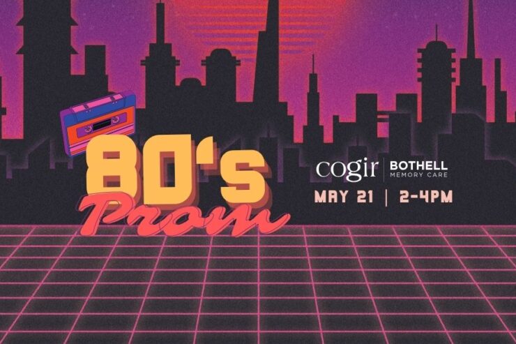 Vibrant 80s-themed event invitation with city skyline backdrop fostering joyful community connection.