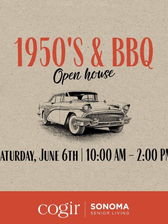 Invitation for a 1950s-themed BBQ open house at Sonoma Senior Living on June 6th.