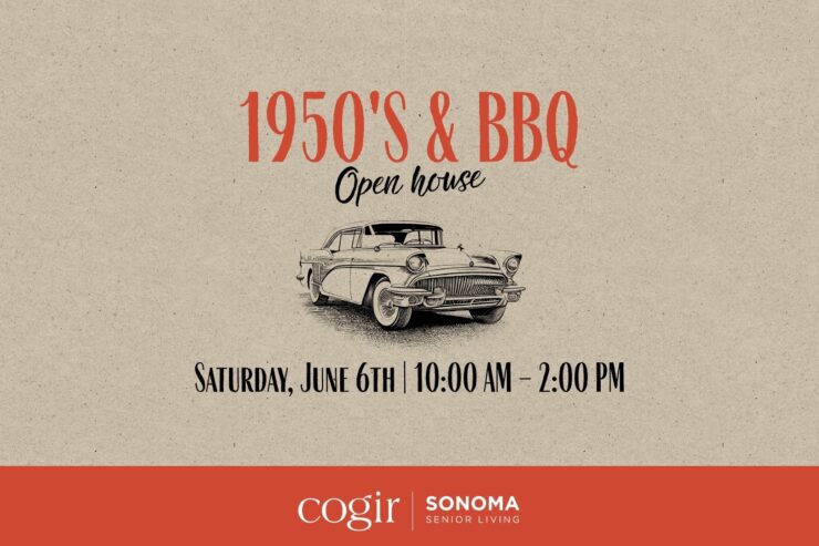 Invitation for a 1950s-themed BBQ open house at Sonoma Senior Living on June 6th.