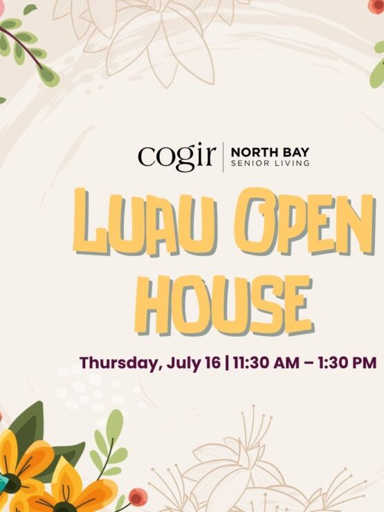 Colorful tropical flowers and tiki statues frame a welcoming luau open house event.