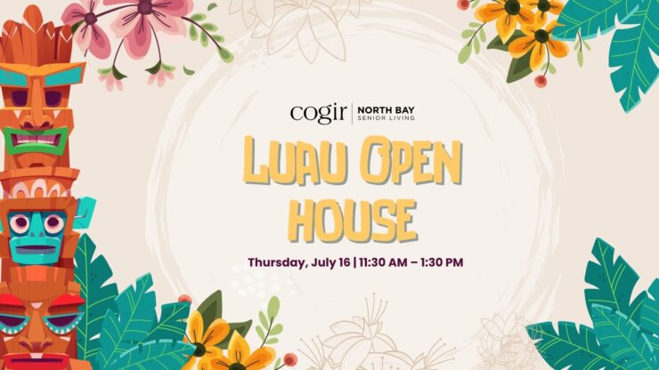 Colorful tropical flowers and tiki statues frame a welcoming luau open house event.