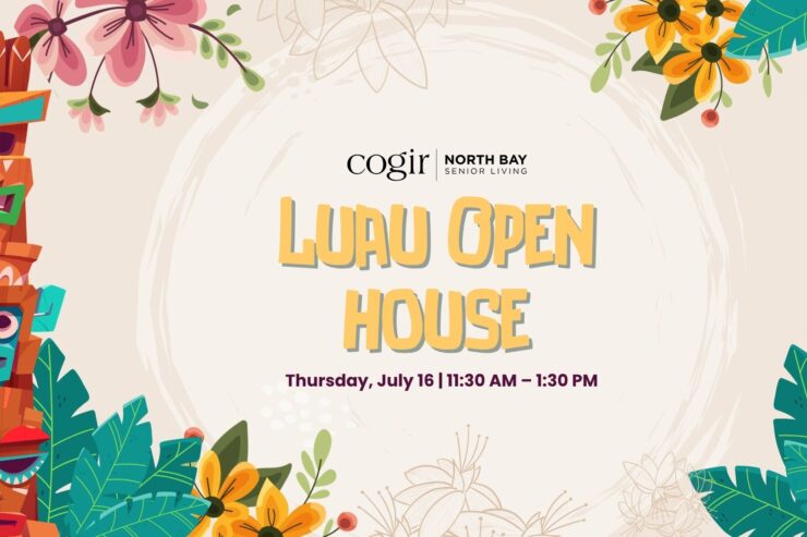 Colorful tropical flowers and tiki statues frame a welcoming luau open house event.