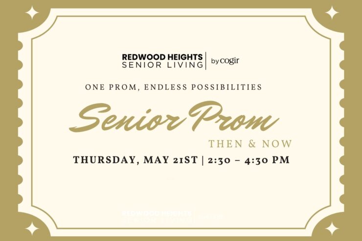 Elegant invitation for Redwood Heights Senior Living's Senior Prom event, celebrating community and memories.