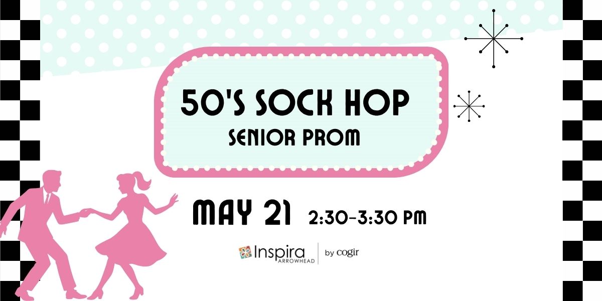 Invitation for a fun and nostalgic 50’s sock hop senior prom event fostering community and joy.