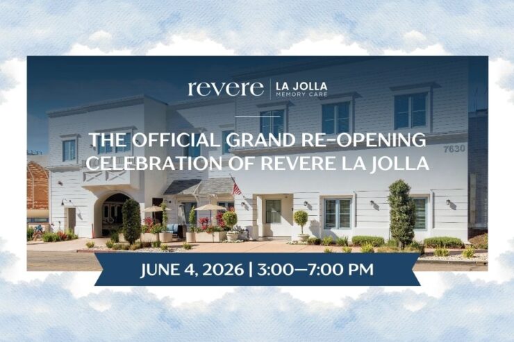 Freshly renovated Revere La Jolla building exterior with inviting landscaping and seating areas.
