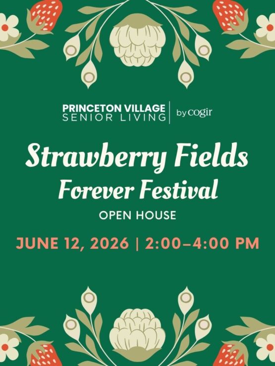 Decorative green invitation featuring strawberries and flowers for a senior living festival event.