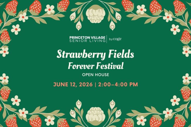 Decorative green invitation featuring strawberries and flowers for a senior living festival event.