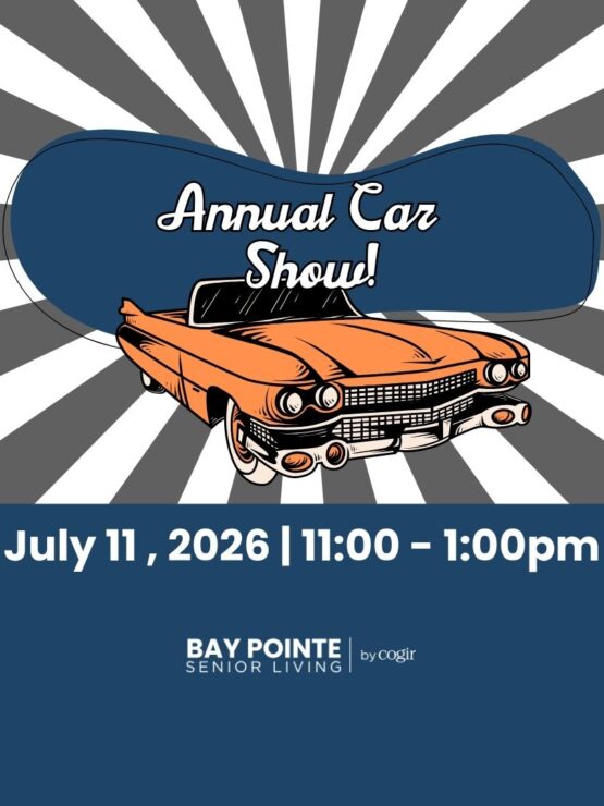 Classic car illustration promoting a lively community event at Bay Pointe Senior Living.