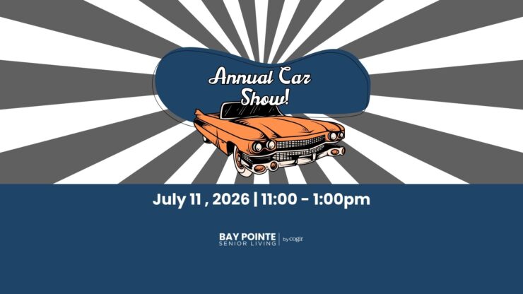Classic car illustration promoting a lively community event at Bay Pointe Senior Living.