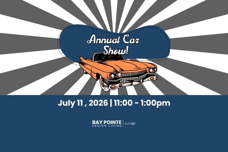 Classic car illustration promoting a lively community event at Bay Pointe Senior Living.