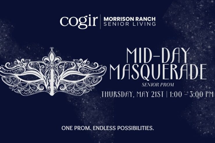 Elegant mask graphic on a starry background inviting seniors to a festive mid-day prom event.