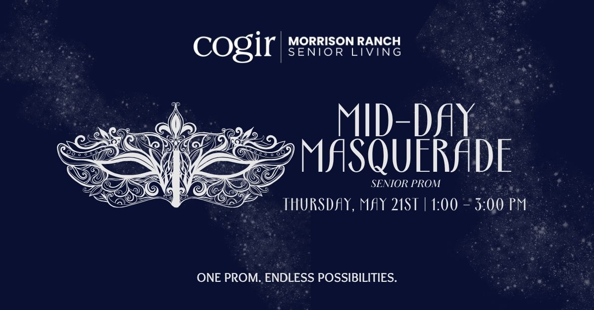 Elegant mask graphic on a starry background inviting seniors to a festive mid-day prom event.