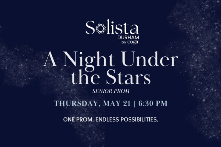 Elegant senior prom event announcement with a starry night theme promoting community celebration.