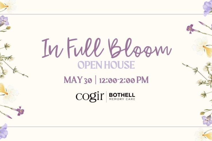 Gentle floral design framing warm invitation to an open house event at Bothell Memory Care.