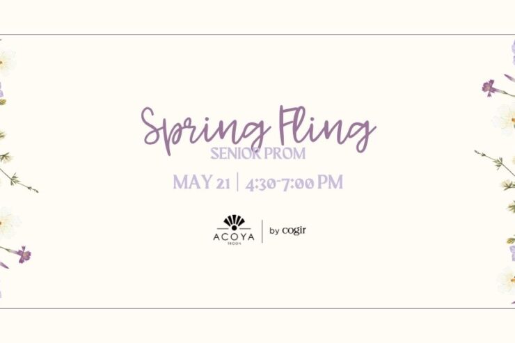 Elegant floral-themed announcement for a Spring Fling Senior Prom event promoting community connection.