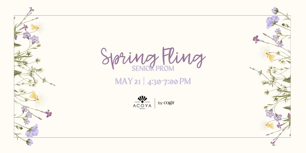 Elegant floral-themed announcement for a Spring Fling Senior Prom event promoting community connection.