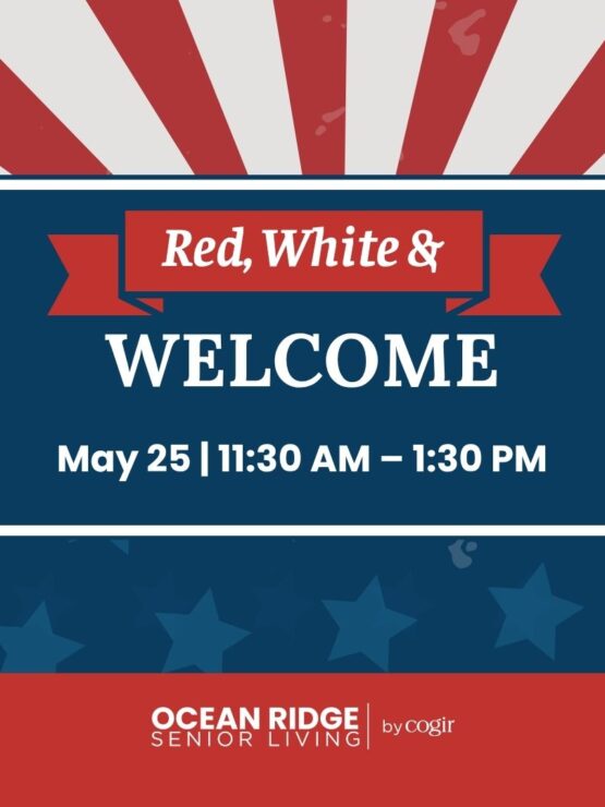 Patriotic-themed event invitation for a warm and welcoming senior living community gathering.