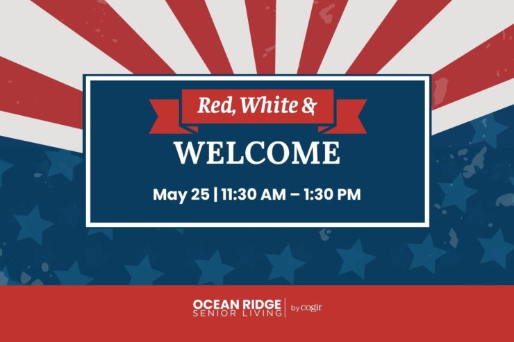 Patriotic-themed event invitation for a warm and welcoming senior living community gathering.