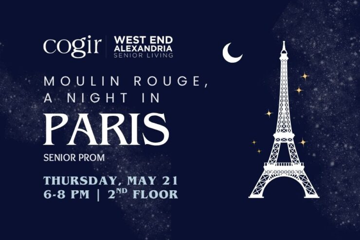 Elegant event invitation with Paris theme promoting a joyful senior prom celebration.