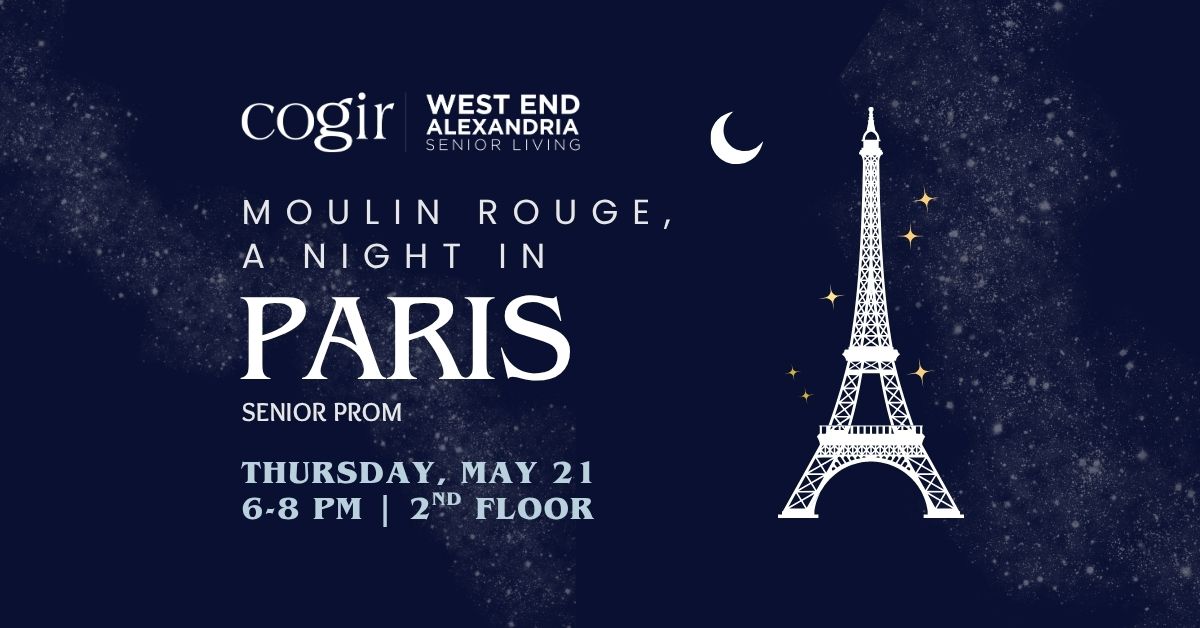 Elegant event invitation with Paris theme promoting a joyful senior prom celebration.