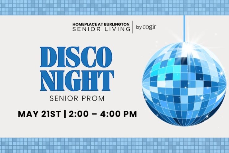 Seniors enjoying a lively disco-themed prom in a welcoming community space.