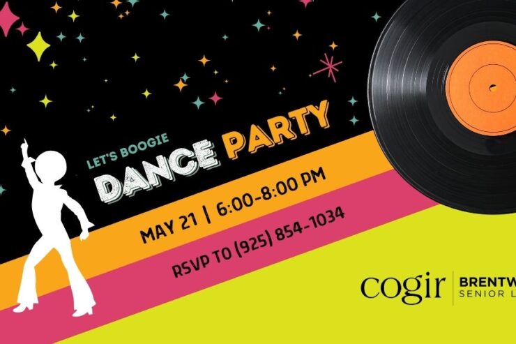 Colorful invitation promoting a lively dance party event for seniors at Brentwood Senior Living.