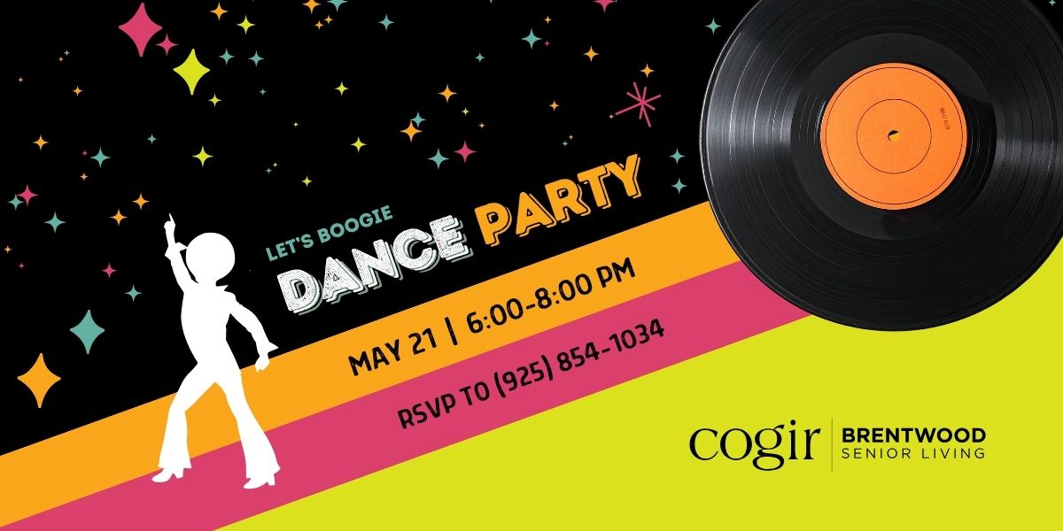 Colorful invitation promoting a lively dance party event for seniors at Brentwood Senior Living.
