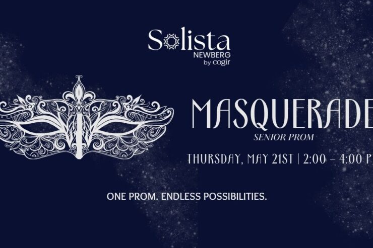 Elegant masquerade-themed senior prom event inviting residents to celebrate together in style.