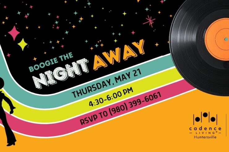 Retro-themed event announcement with vibrant colors and a vinyl record, promoting lively community fun.