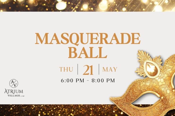 Elegant masquerade ball invitation with warm gold tones and festive community spirit.