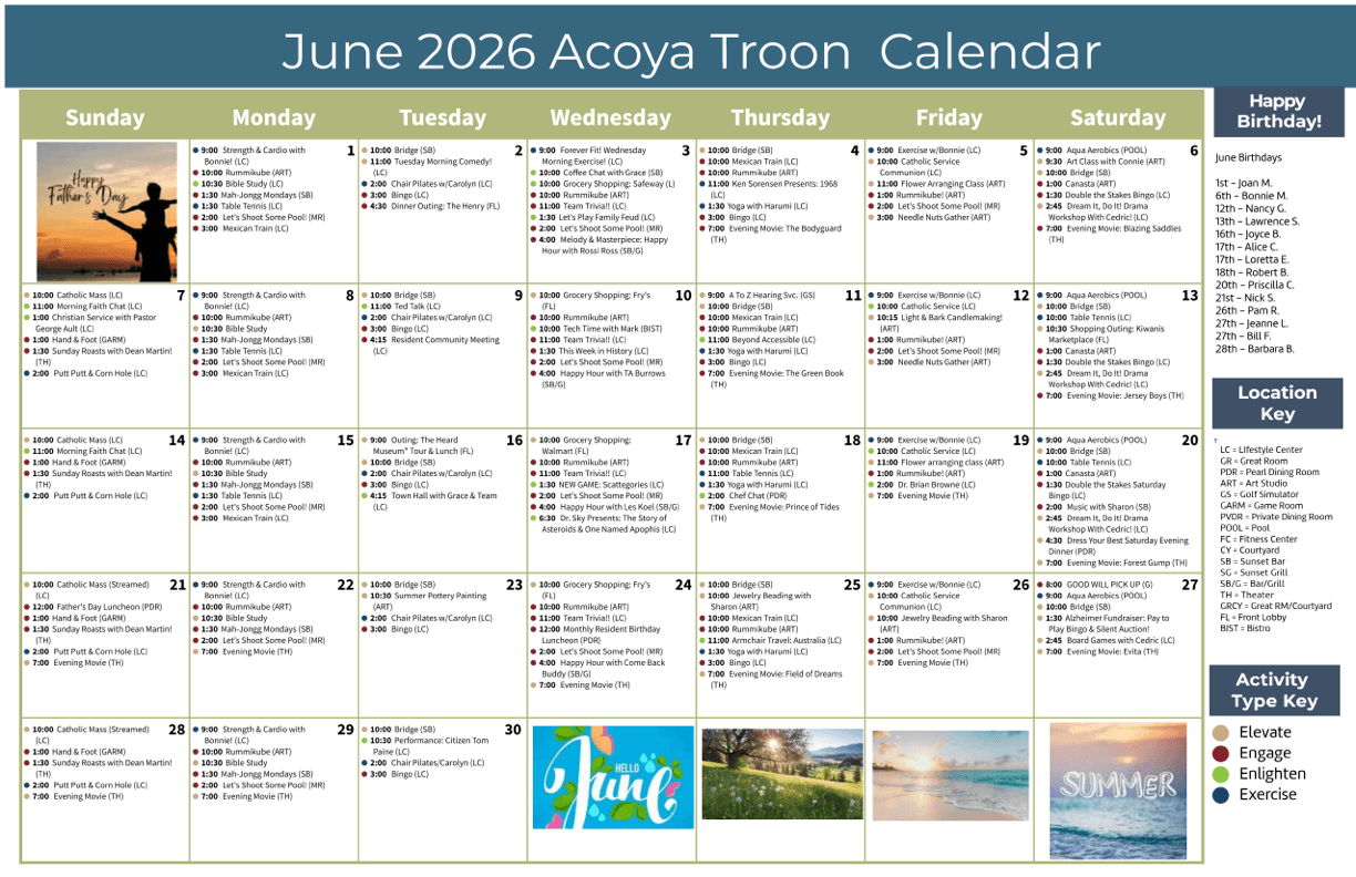 Bright and inviting calendar showcasing diverse social, fitness, and creative activities for residents.