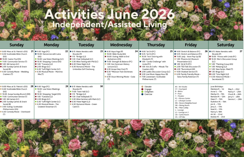 Monthly activity calendar for independent and assisted living with diverse social and wellness events.
