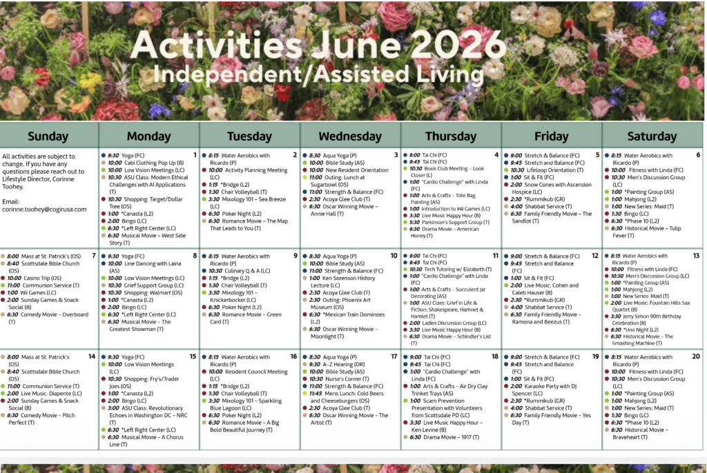 Monthly calendar highlighting a variety of engaging activities for independent and assisted living residents.