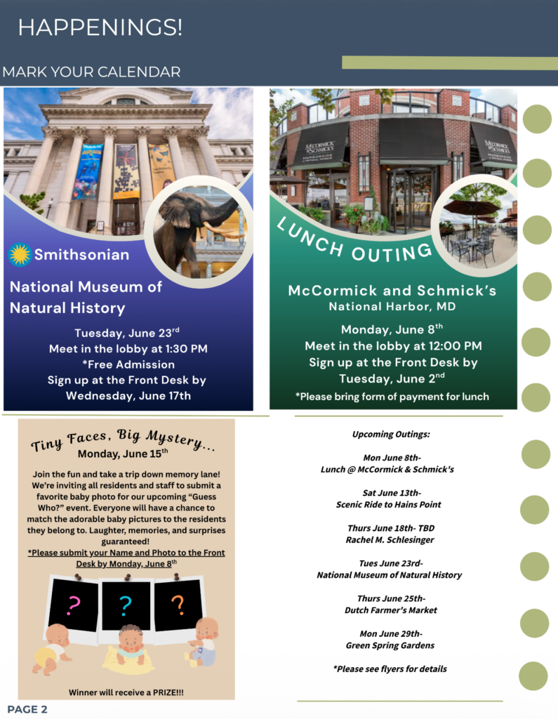 Community events calendar showcasing engaging outings and social activities for residents.