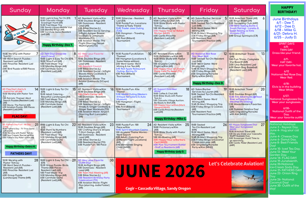 Colorful June 2026 calendar highlighting engaging activities and community celebrations at Cascadia Village.