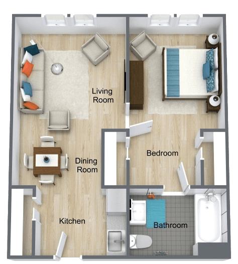 One-bedroom apartment layout featuring open living, dining, kitchen, and a comfortable bedroom with natural light.