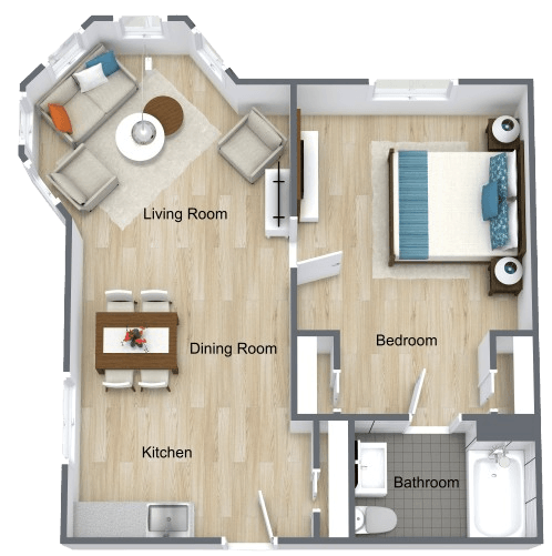 Spacious and bright one-bedroom apartment with open living, dining, and kitchen areas designed for comfort and ease.