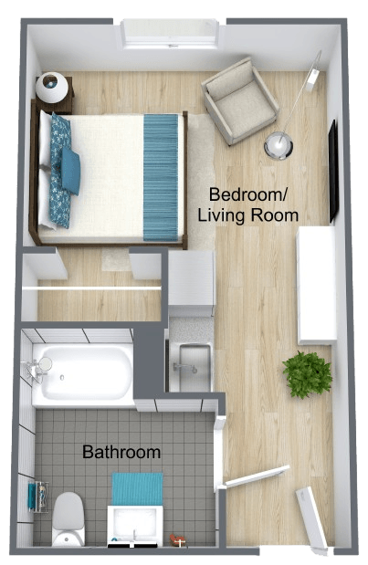 Bright, inviting studio layout featuring a combined bedroom and living area with bathroom and kitchenette.