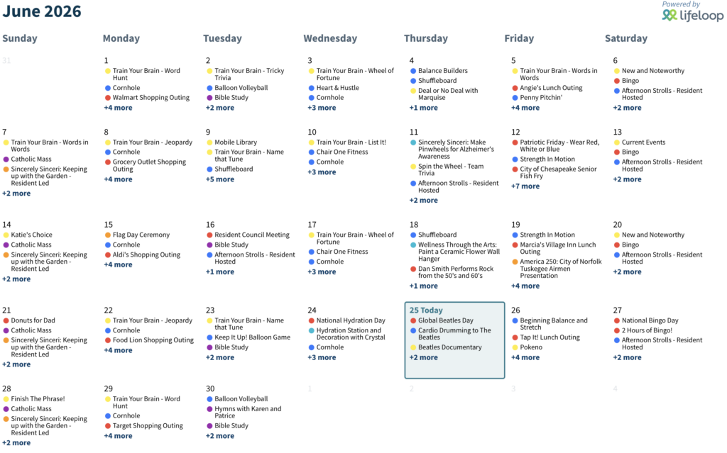Resident activity calendar for June 2026, highlighting diverse social and wellness events.