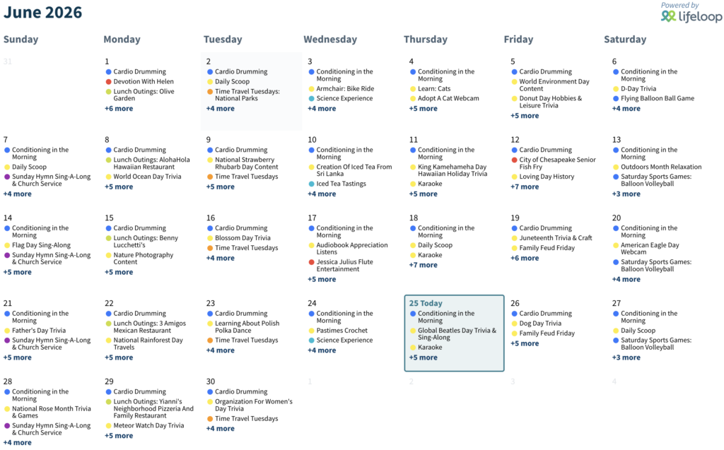 Monthly activity calendar showcasing diverse events encouraging engagement and social connection.