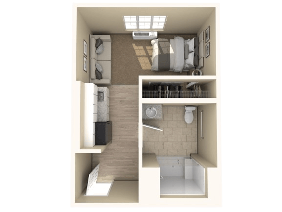 Bright and inviting retirement apartment with an open living area, kitchenette, and comfortable bedroom.