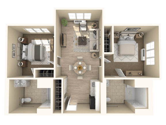 Two-bedroom apartment layout with spacious living, dining, and comfortable bedrooms.
