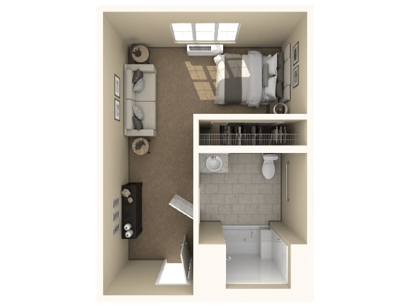 Bright and inviting studio with a living area, sleeping space, and accessible bathroom for easy living.