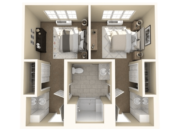 Two comfortable bedrooms with large windows, shared bathroom, and ample storage in a bright setting.
